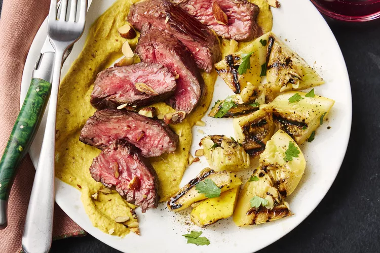 Hanger Steak with Yellow Squash Romesco